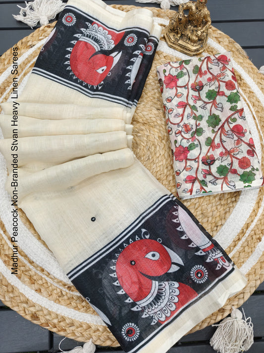 Madhur Peacock Non-Branded Stvan Heavy Linen Sarees