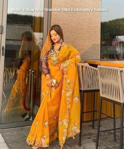 Mahi Yellow Non-Branded Stkri Embroidery Sarees
