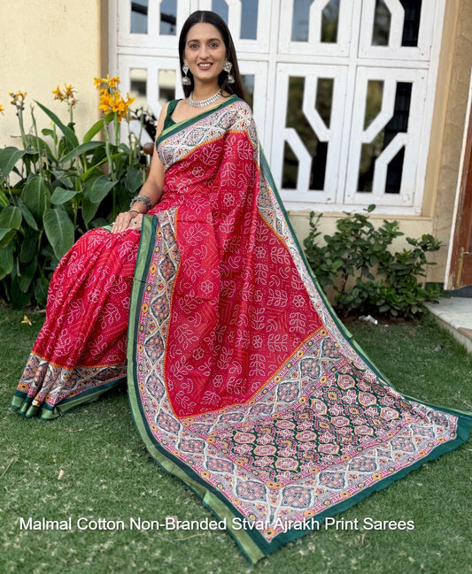Malmal Cotton Non-Branded Stvar Ajrakh Print Sarees