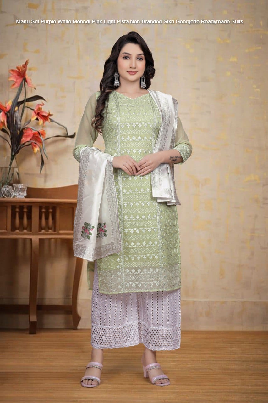 Manu Set Purple White Mehndi Pink Light Pista Non-Branded Stkri Georgette Readymade Suits