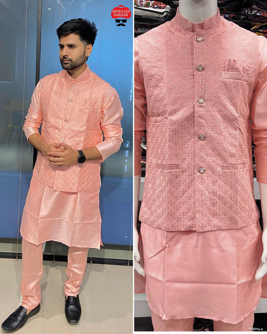 Manyavar 5 With Koti Peach Bluehills Mens Kurta Pyjama