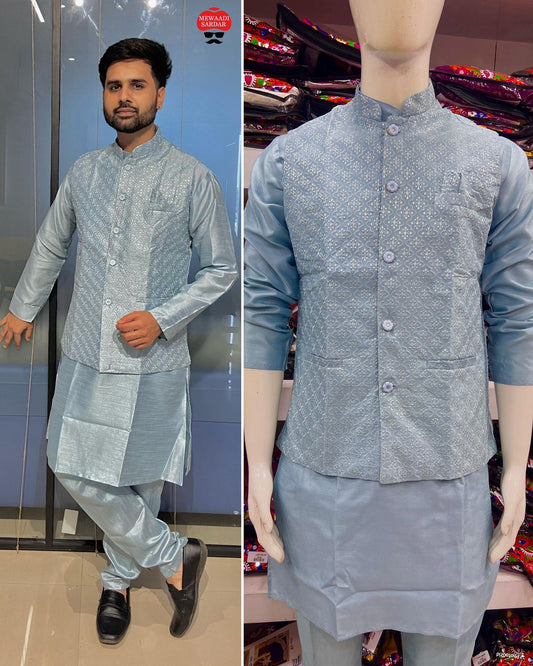 Manyavar 5 With Koti Sky Blue Bluehills Mens Kurta Pyjama