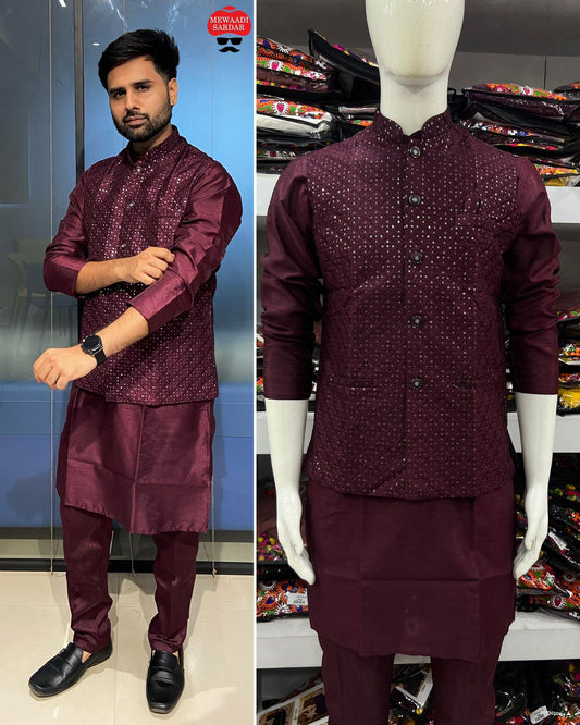 Manyavar 5 With Koti Wine Bluehills Mens Kurta Pyjama