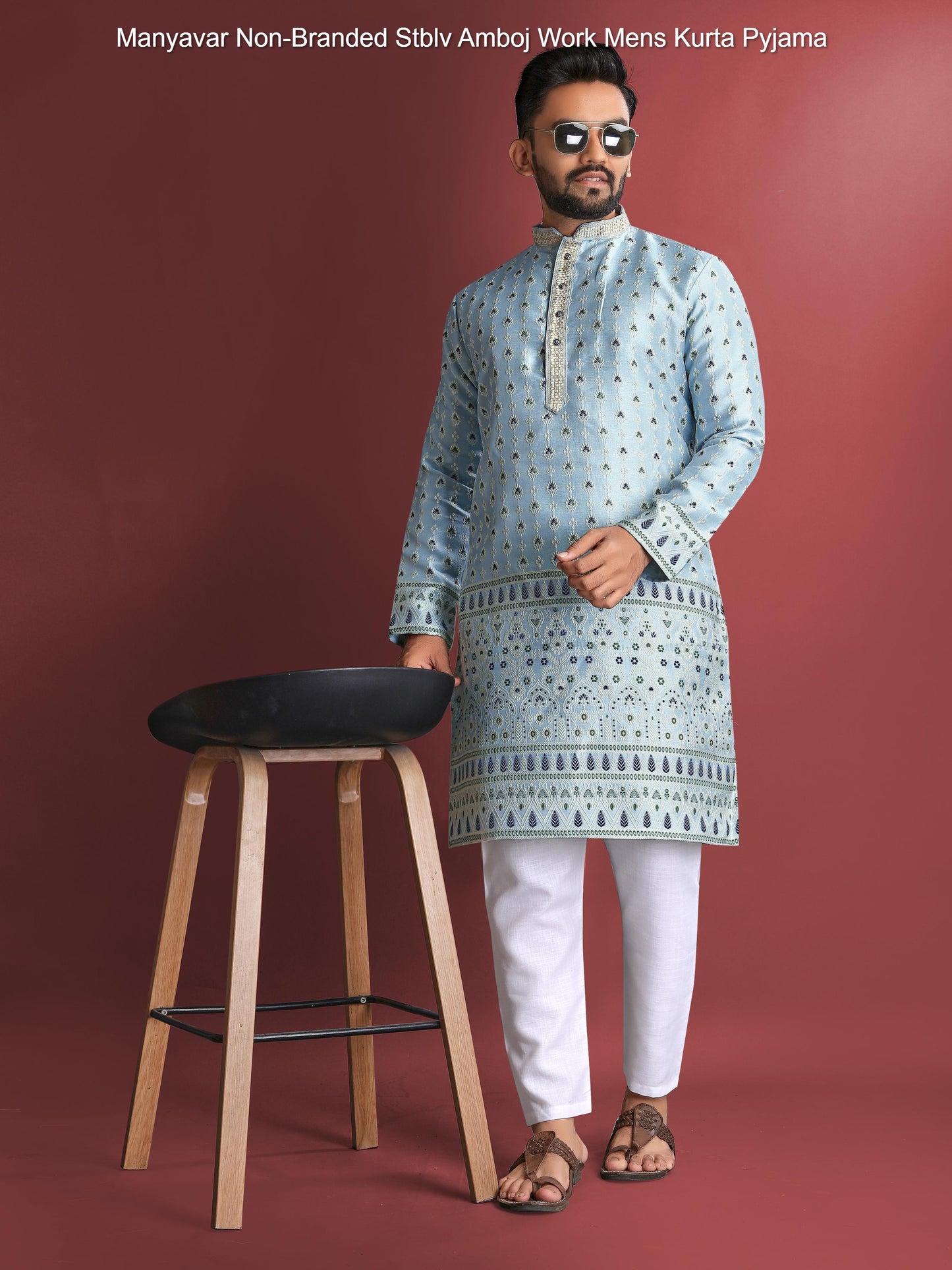 Manyavar Non-Branded Stblv Amboj Work Mens Kurta Pyjama