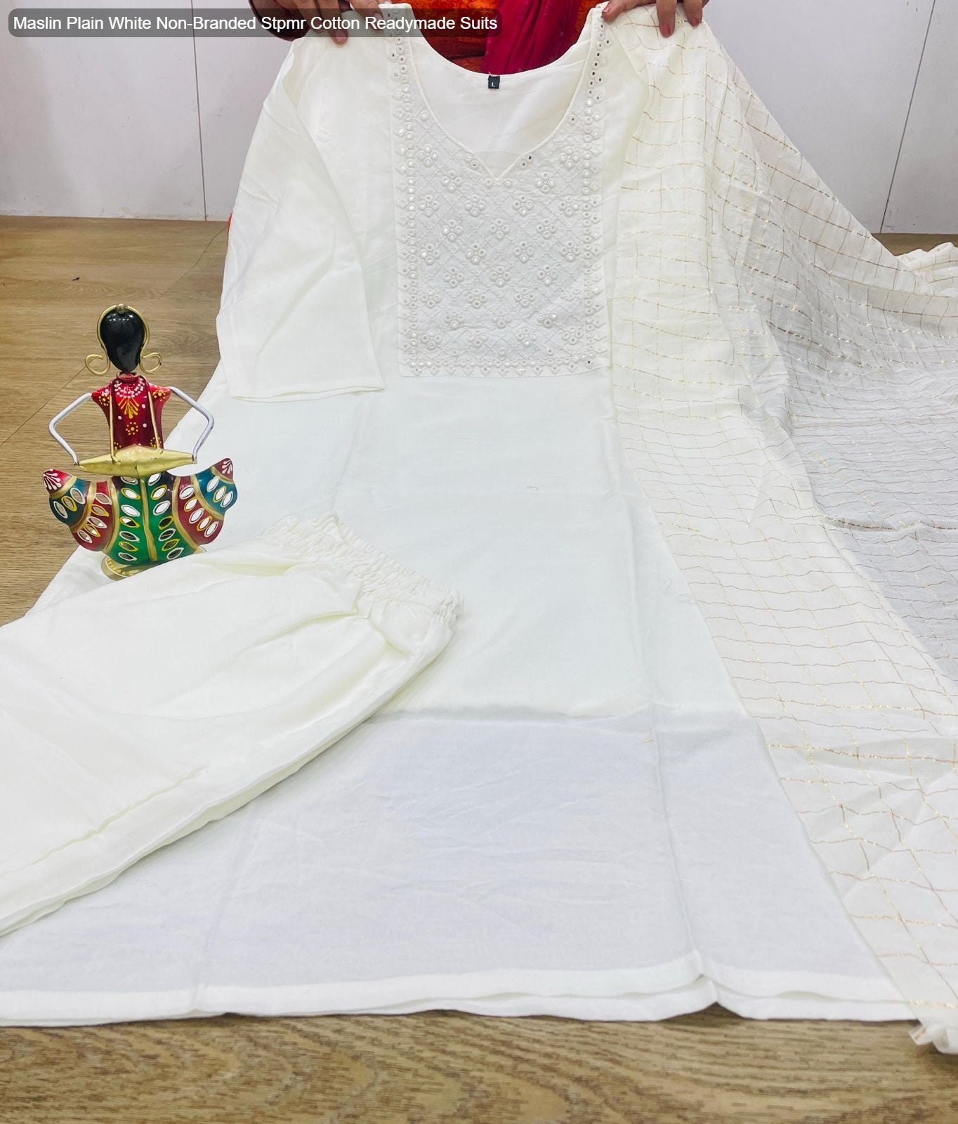 Maslin Plain White Non-Branded Stpmr Cotton Readymade Suits