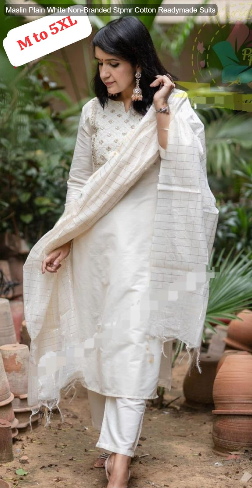 Maslin Plain White Non-Branded Stpmr Cotton Readymade Suits