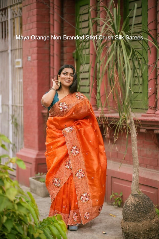Maya Orange Non-Branded Stkri Crush Silk Sarees
