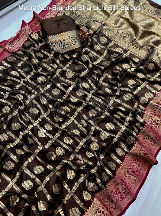 Meera Non-Branded Straj Lichi Silk Sarees
