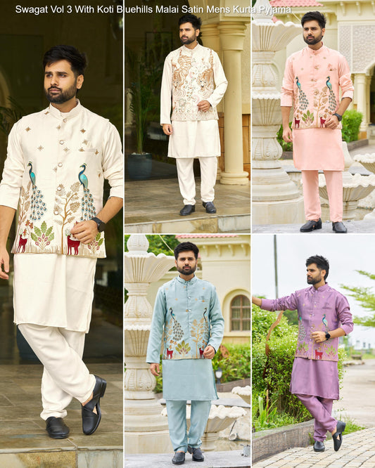 Mewaadi Sardar Swagat Vol 3 With Koti Bluehills Malai Satin Mens Kurta Pyjama
