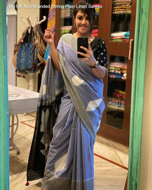 Mg106 Non-Branded Stmng Plain Linen Sarees