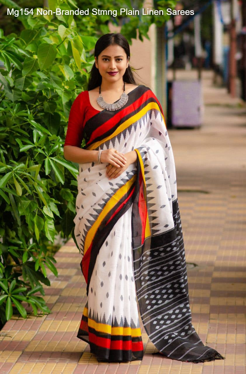 Mg154 Non-Branded Stmng Plain Linen Sarees