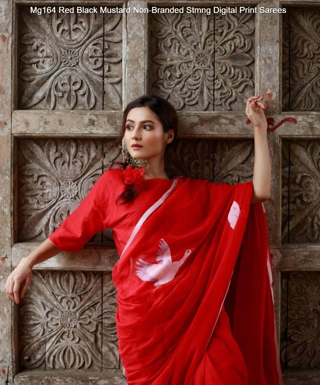 Mg164 Red Black Mustard Non-Branded Stmng Digital Print Sarees