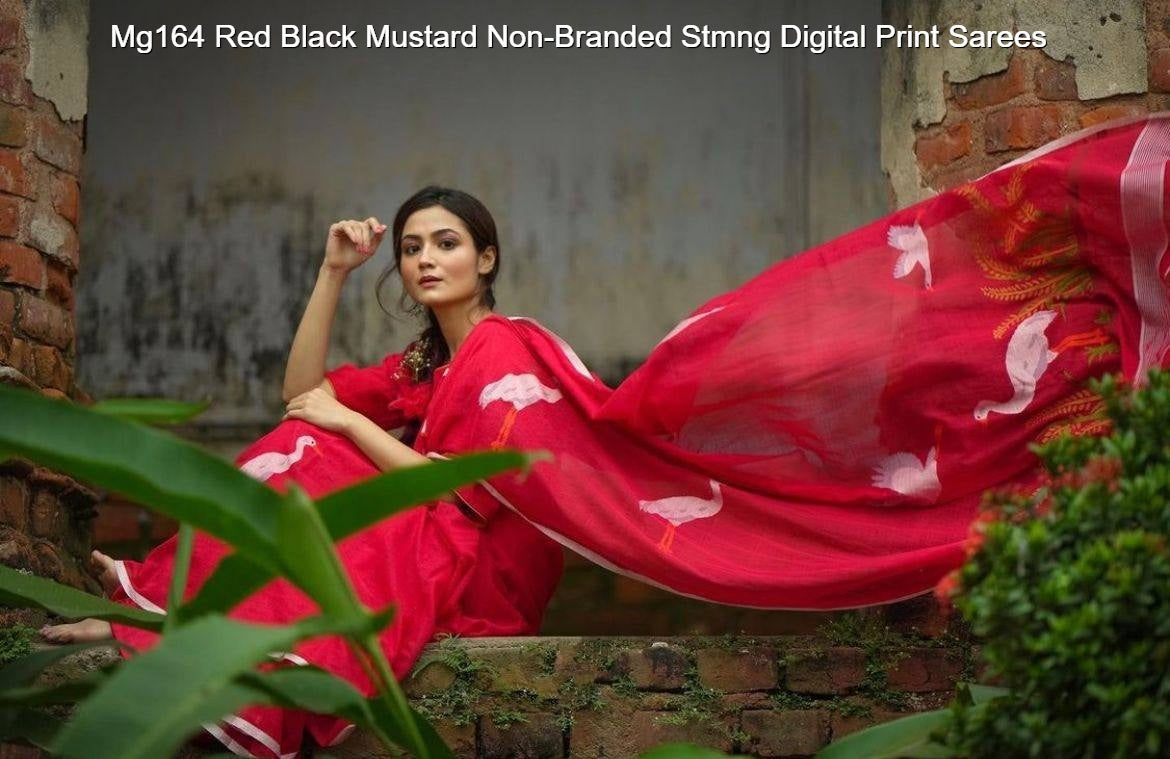 Mg164 Red Black Mustard Non-Branded Stmng Digital Print Sarees
