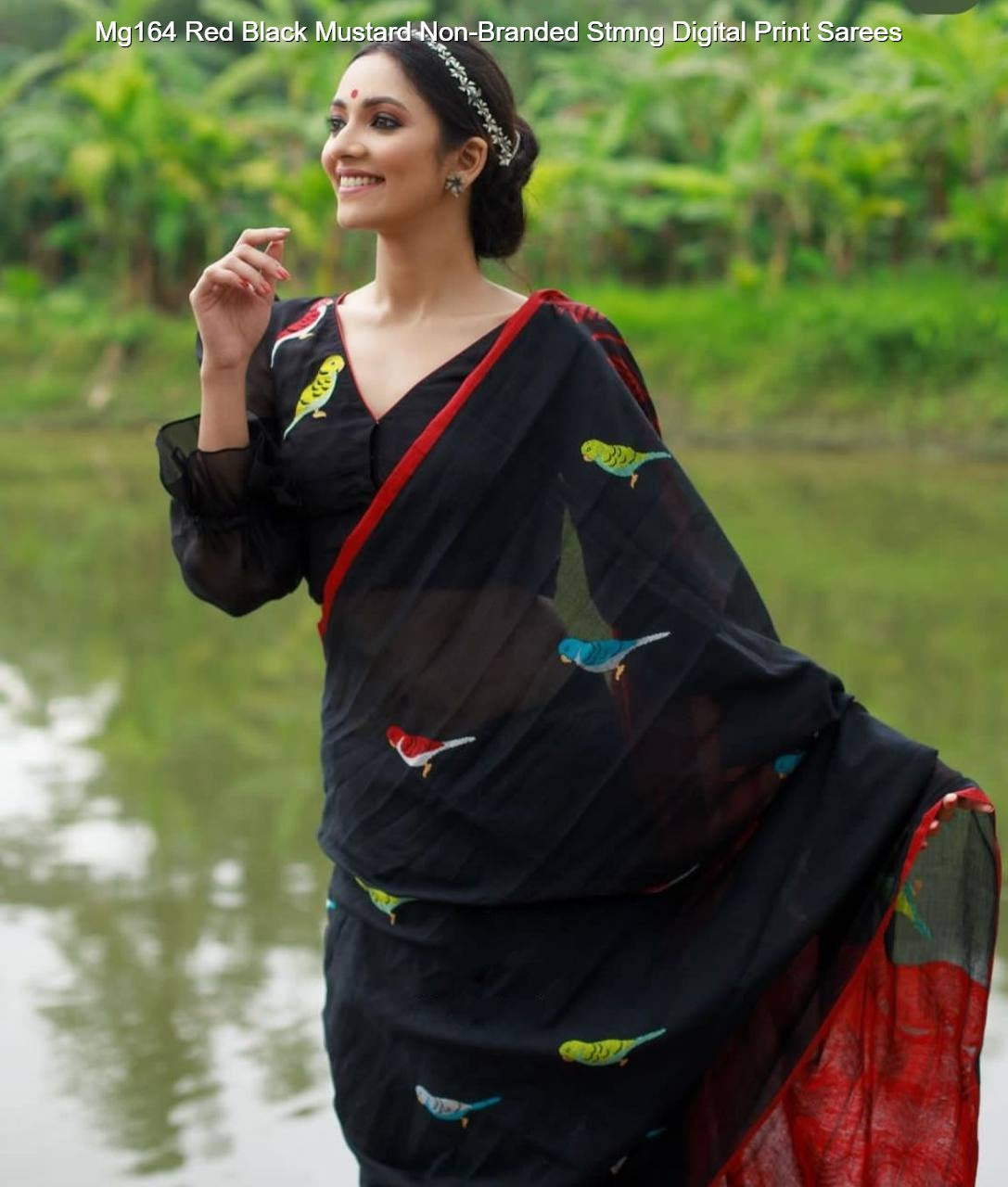 Mg164 Red Black Mustard Non-Branded Stmng Digital Print Sarees