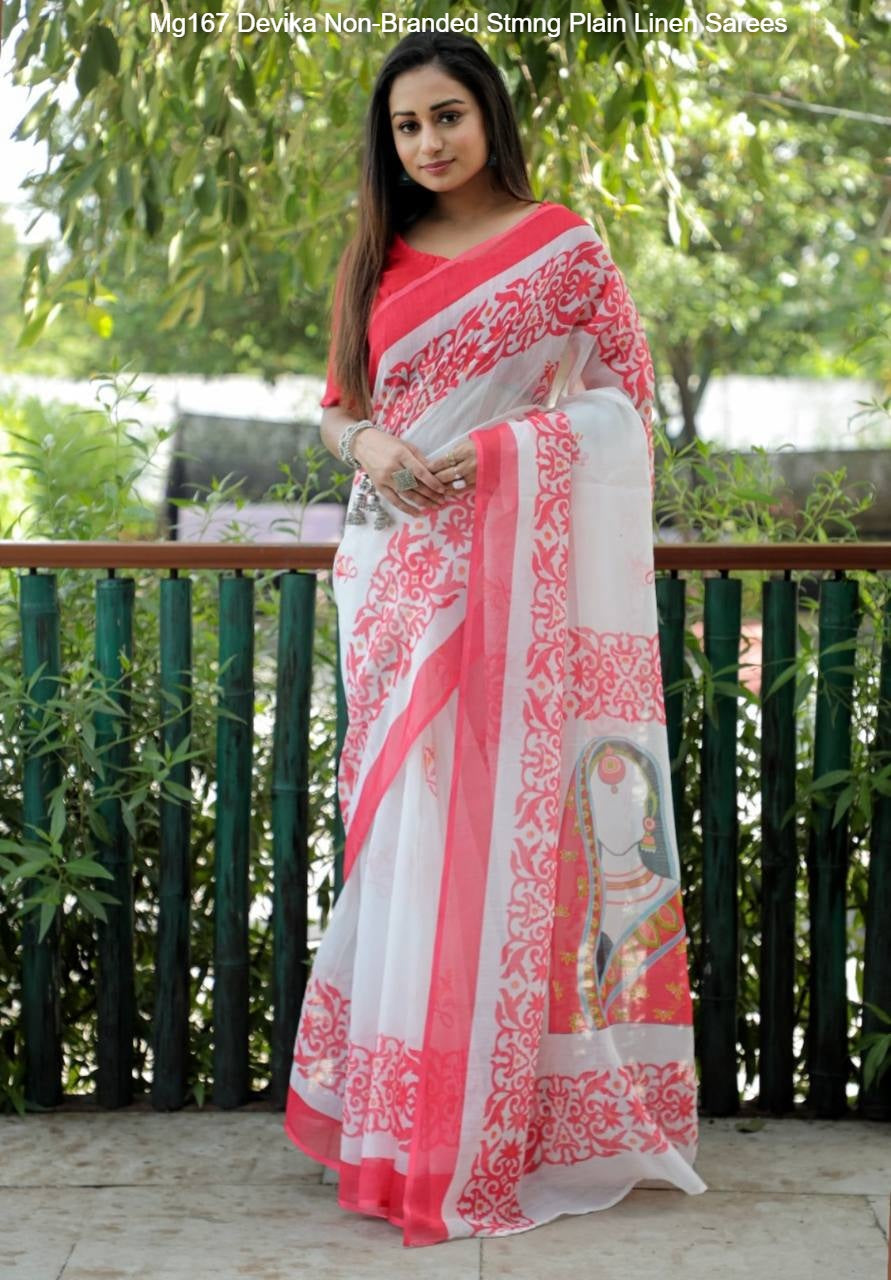 Mg167 Devika Non-Branded Stmng Plain Linen Sarees