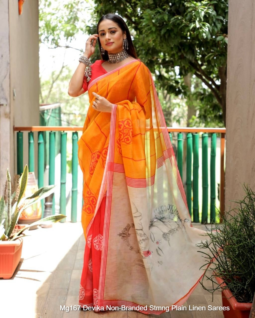 Mg167 Devika Non-Branded Stmng Plain Linen Sarees