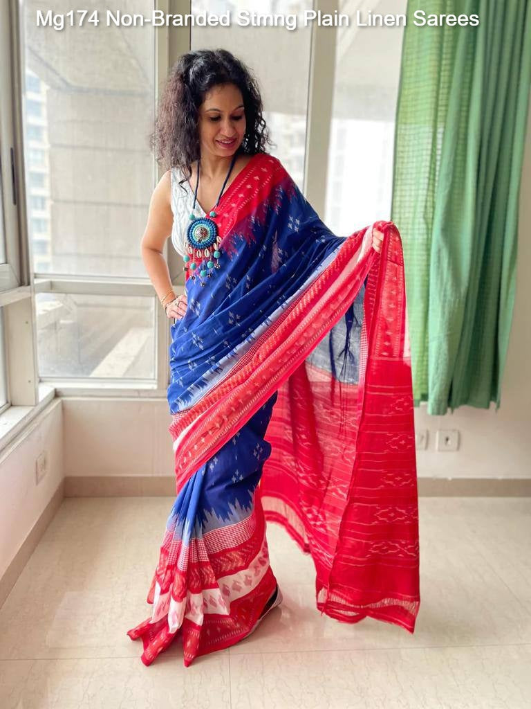 Mg174 Non-Branded Stmng Plain Linen Sarees