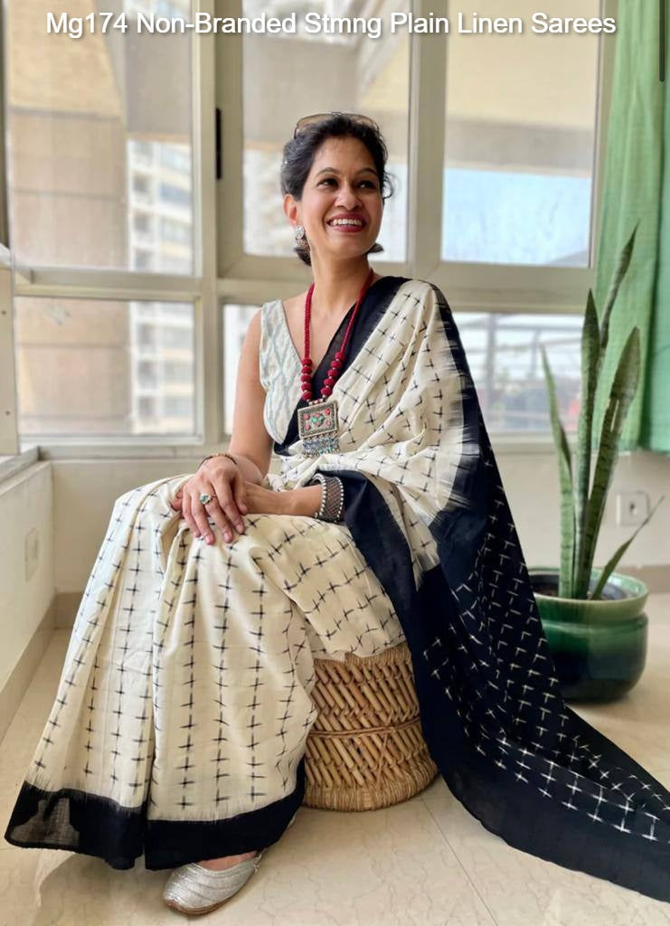 Mg174 Non-Branded Stmng Plain Linen Sarees