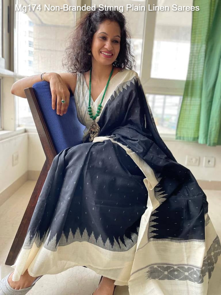 Mg174 Non-Branded Stmng Plain Linen Sarees