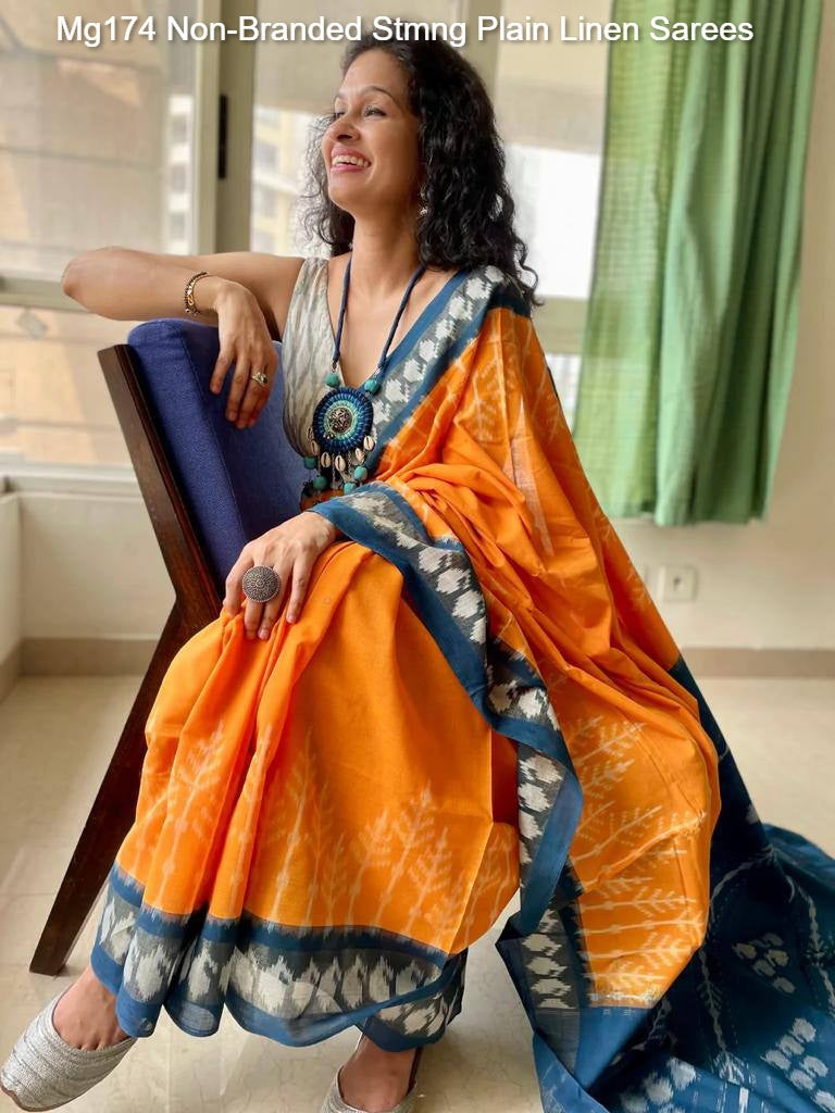Mg174 Non-Branded Stmng Plain Linen Sarees