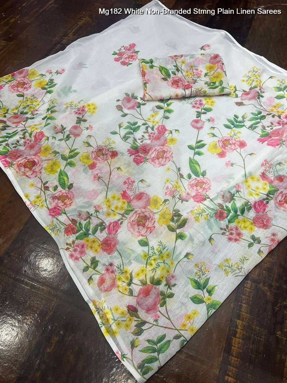 Mg182 White Non-Branded Stmng Plain Linen Sarees