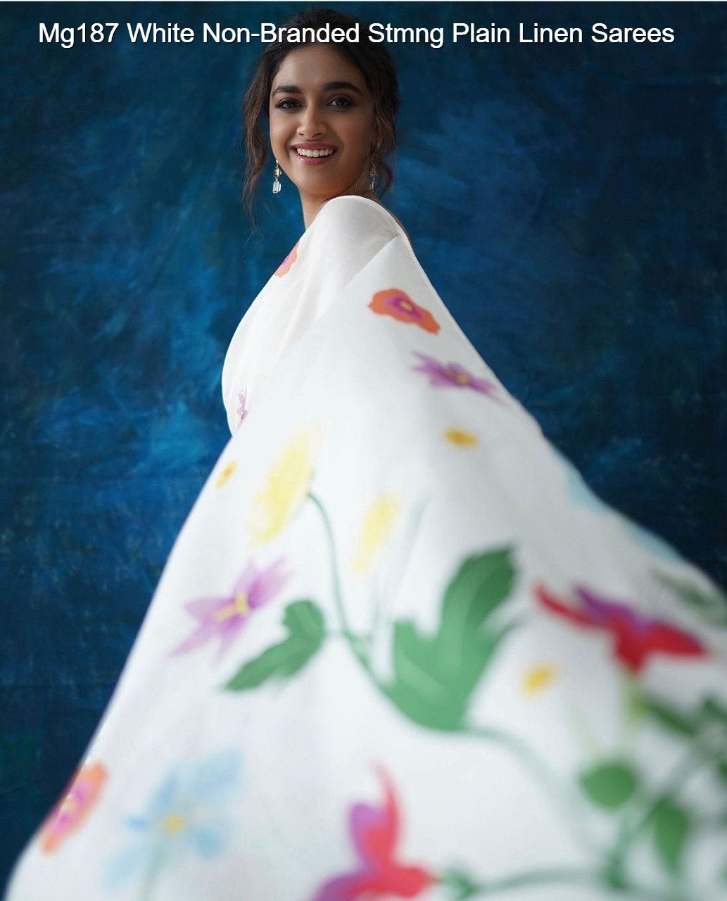 Mg187 White Non-Branded Stmng Plain Linen Sarees