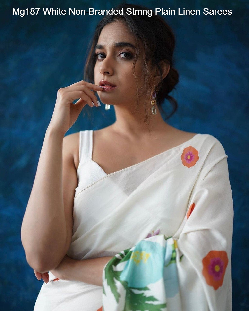 Mg187 White Non-Branded Stmng Plain Linen Sarees