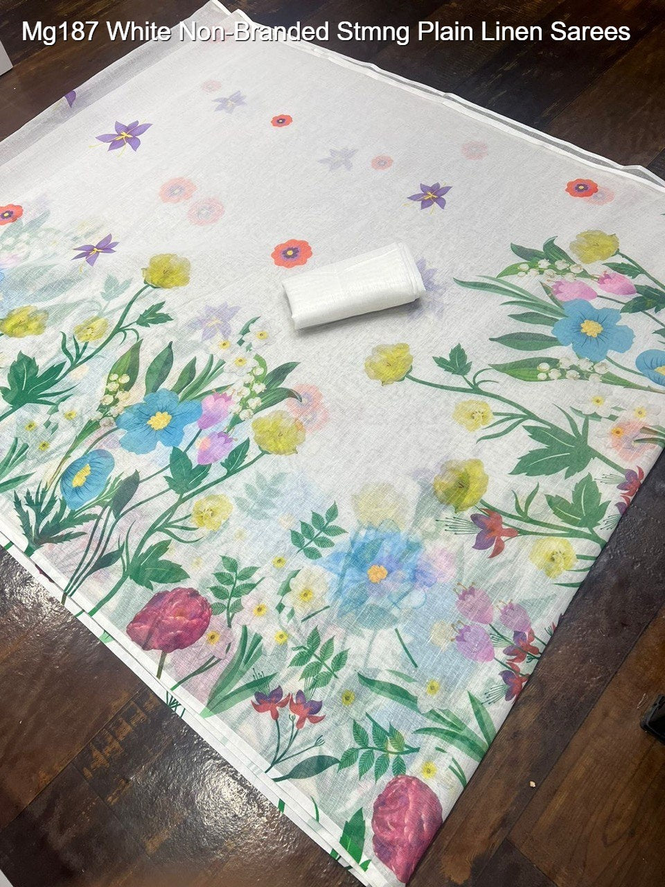 Mg187 White Non-Branded Stmng Plain Linen Sarees