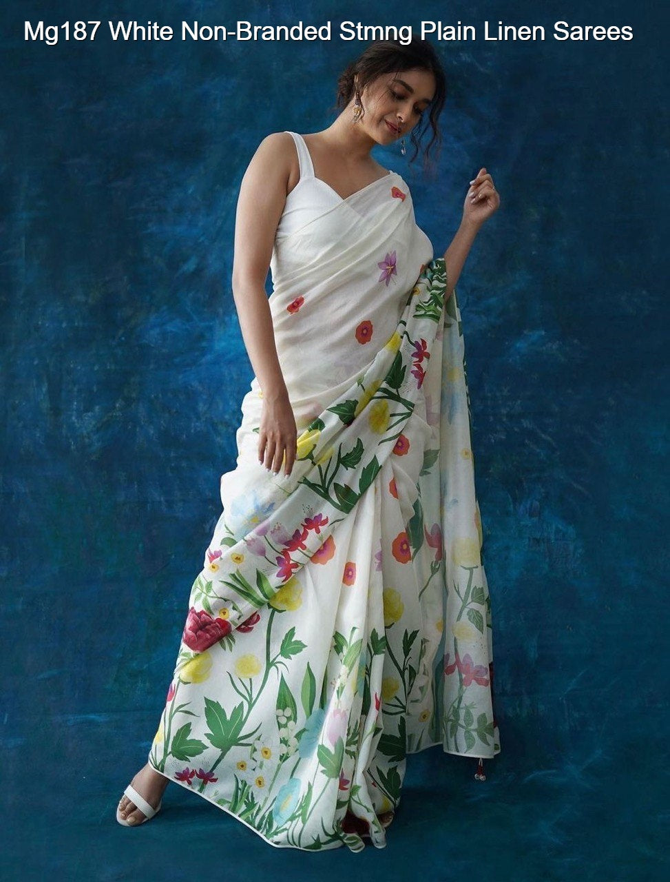 Mg187 White Non-Branded Stmng Plain Linen Sarees