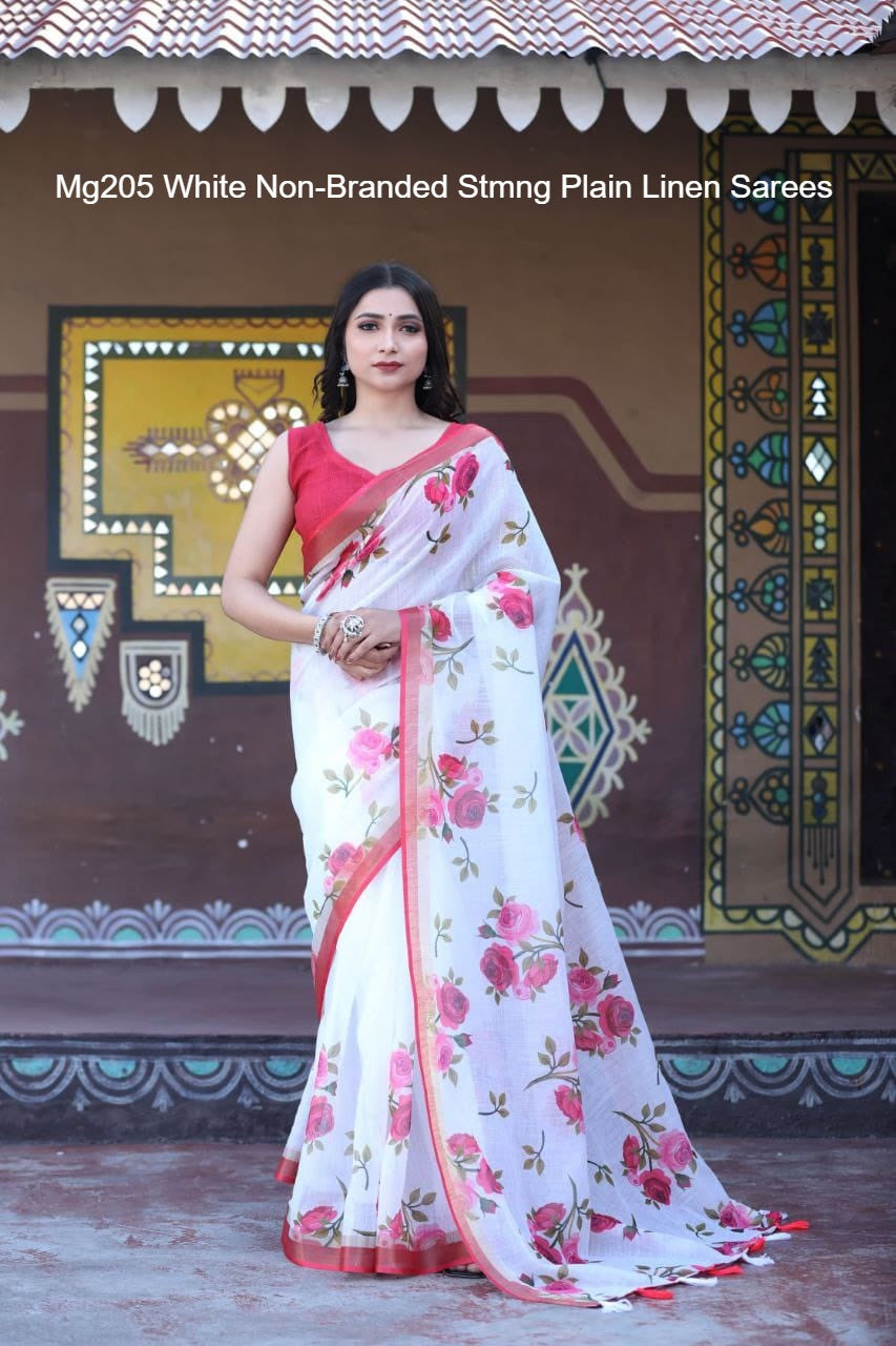 Mg205 White Non-Branded Stmng Plain Linen Sarees