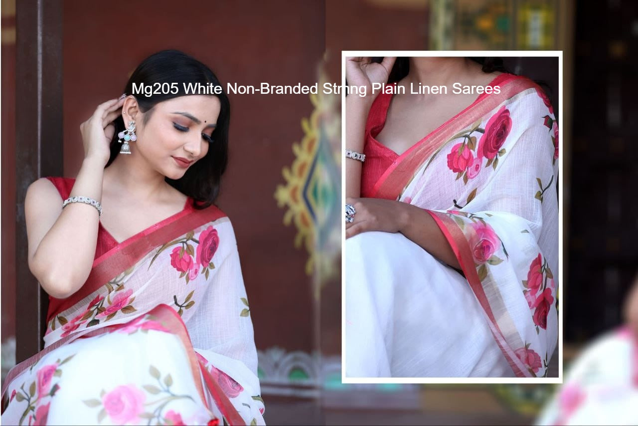 Mg205 White Non-Branded Stmng Plain Linen Sarees