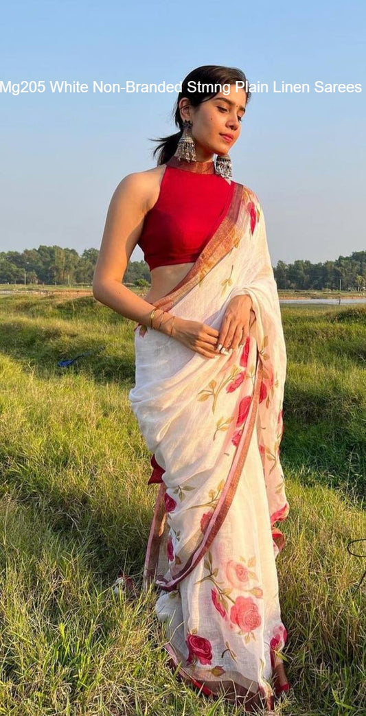 Mg205 White Non-Branded Stmng Plain Linen Sarees