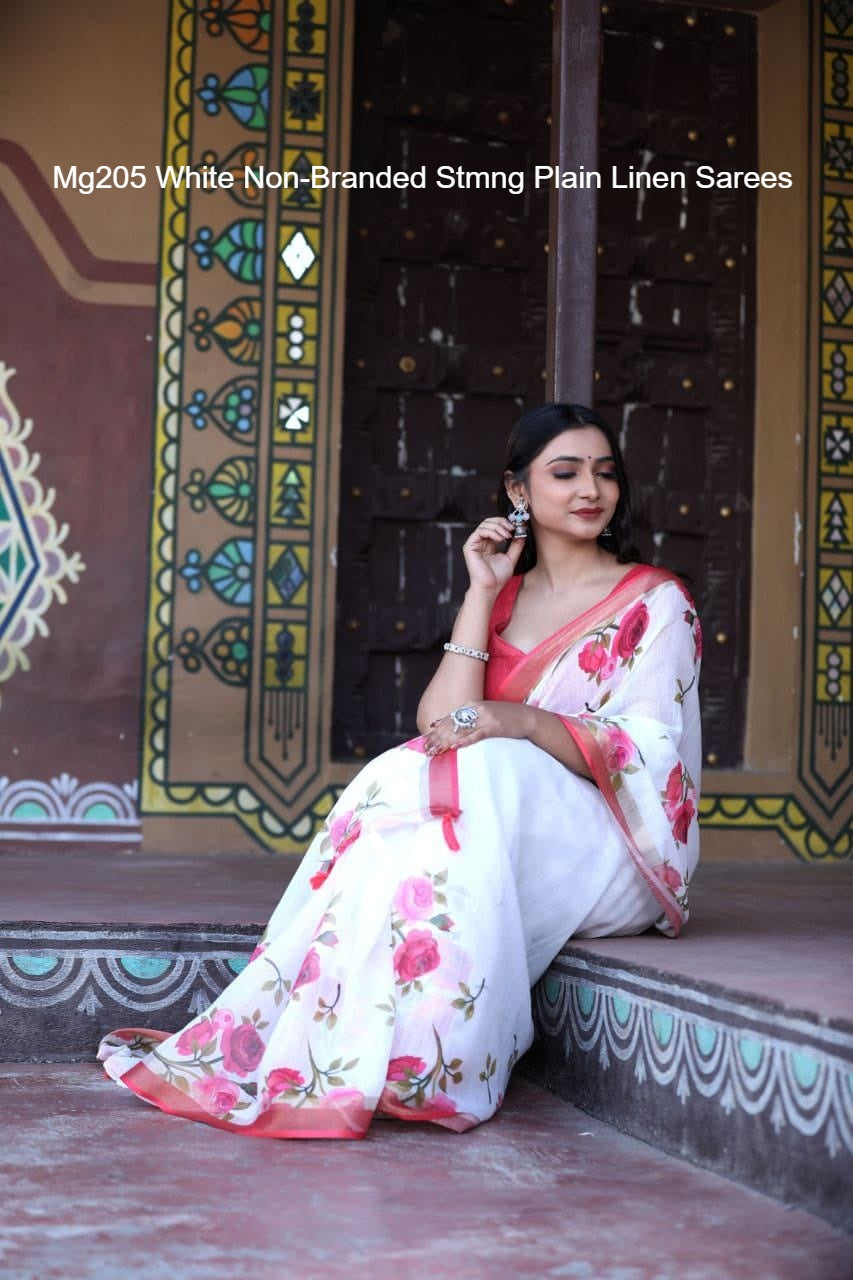 Mg205 White Non-Branded Stmng Plain Linen Sarees