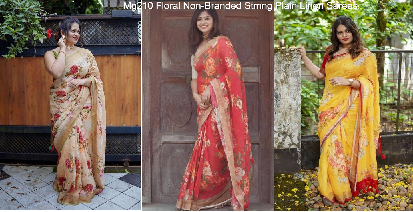 Mg210 Floral Non-Branded Stmng Plain Linen Sarees