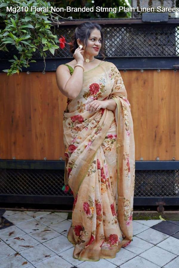 Mg210 Floral Non-Branded Stmng Plain Linen Sarees