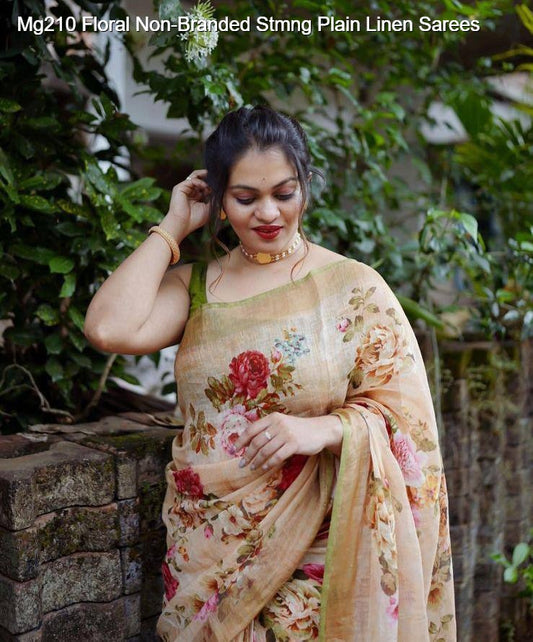 Mg210 Floral Non-Branded Stmng Plain Linen Sarees