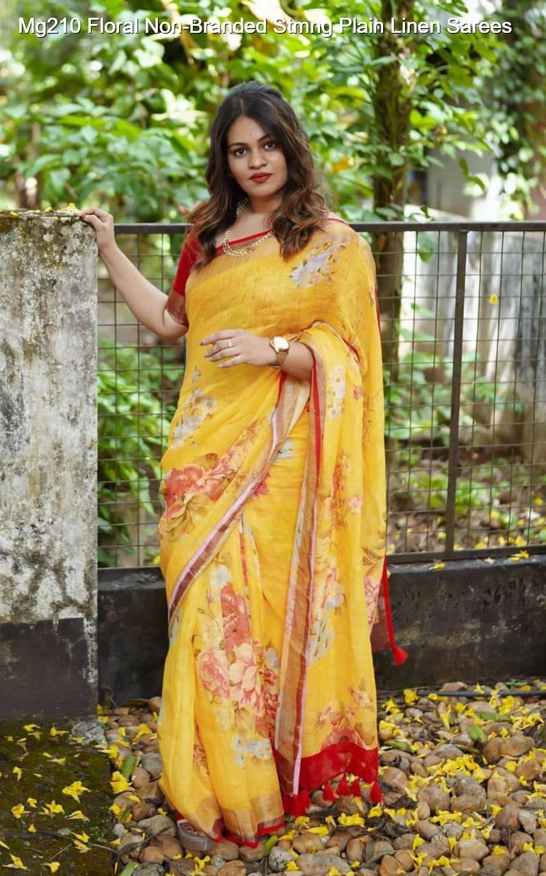 Mg210 Floral Non-Branded Stmng Plain Linen Sarees