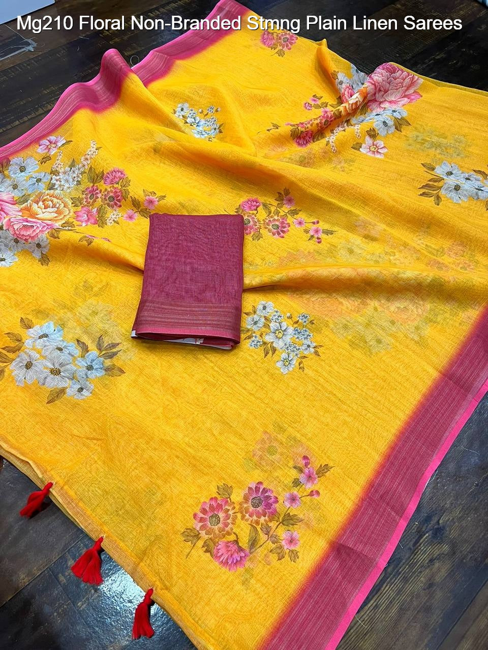 Mg210 Floral Non-Branded Stmng Plain Linen Sarees