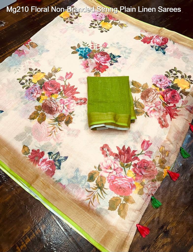 Mg210 Floral Non-Branded Stmng Plain Linen Sarees