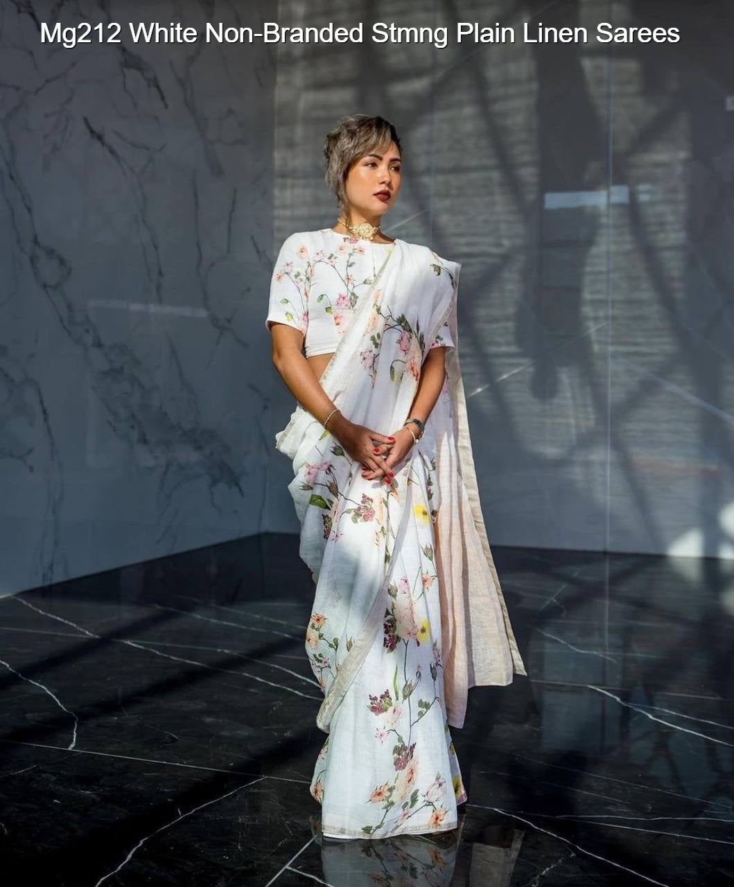 Mg212 White Non-Branded Stmng Plain Linen Sarees