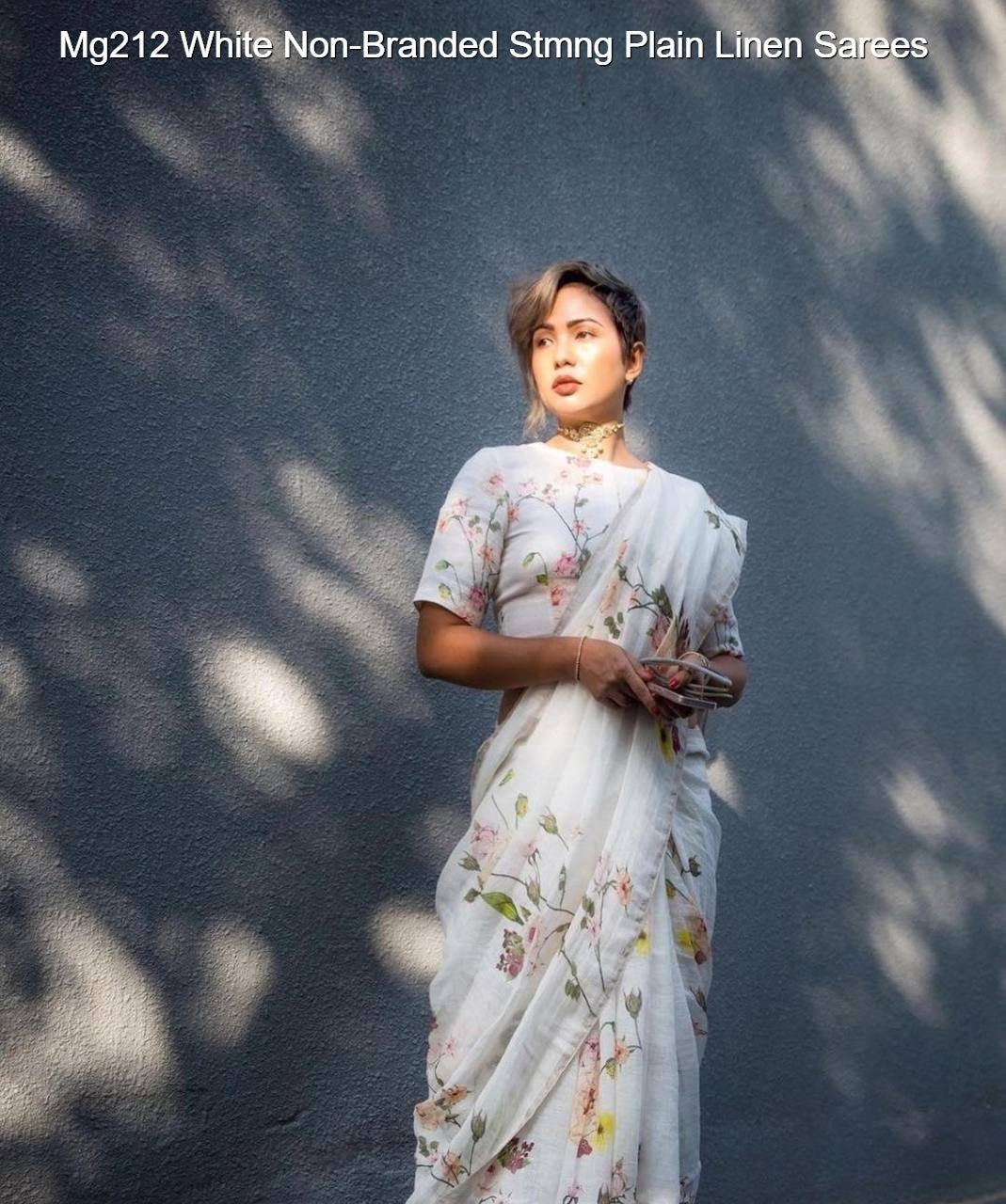 Mg212 White Non-Branded Stmng Plain Linen Sarees