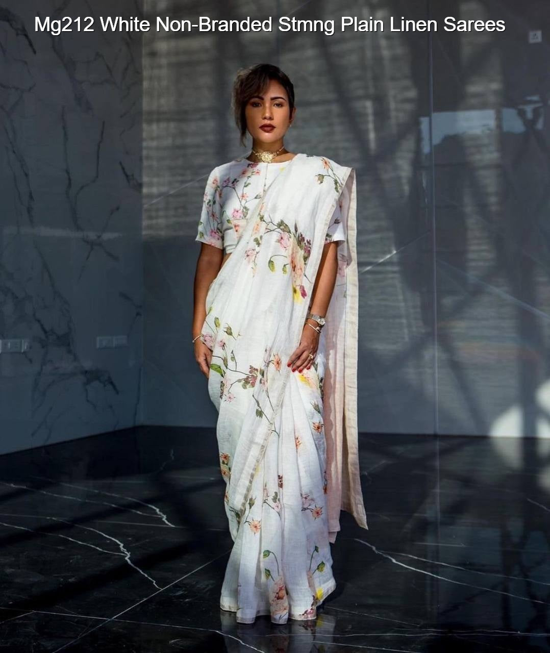 Mg212 White Non-Branded Stmng Plain Linen Sarees