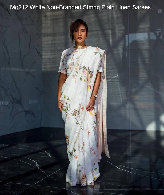 Mg212 White Non-Branded Stmng Plain Linen Sarees