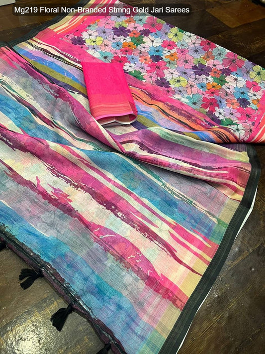 Mg219 Floral Non-Branded Stmng Gold Jari Sarees