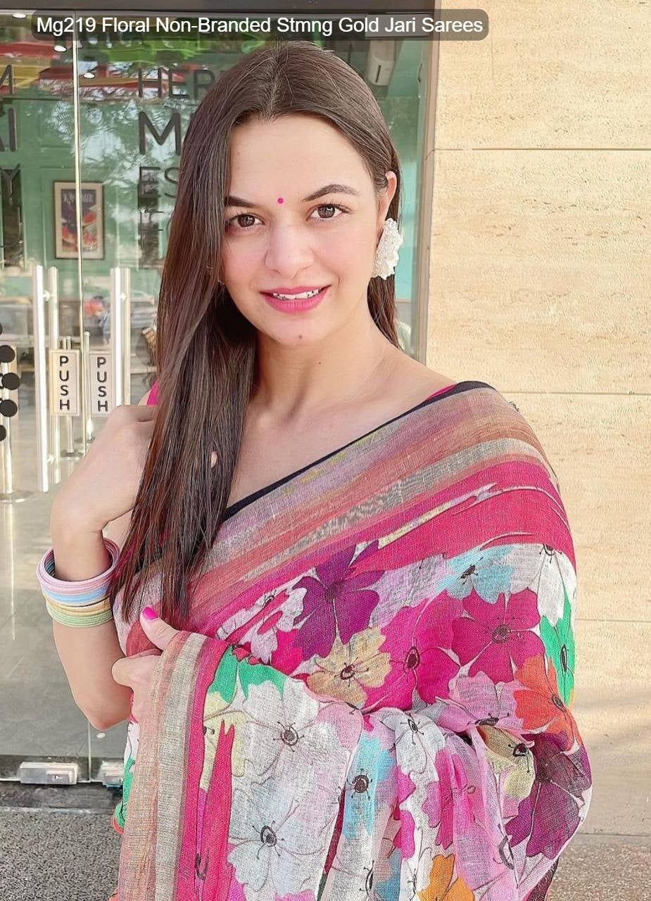 Mg219 Floral Non-Branded Stmng Gold Jari Sarees