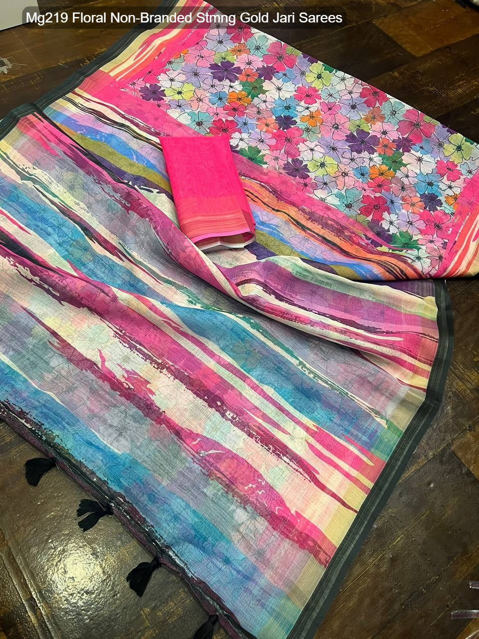 Mg219 Floral Non-Branded Stmng Gold Jari Sarees