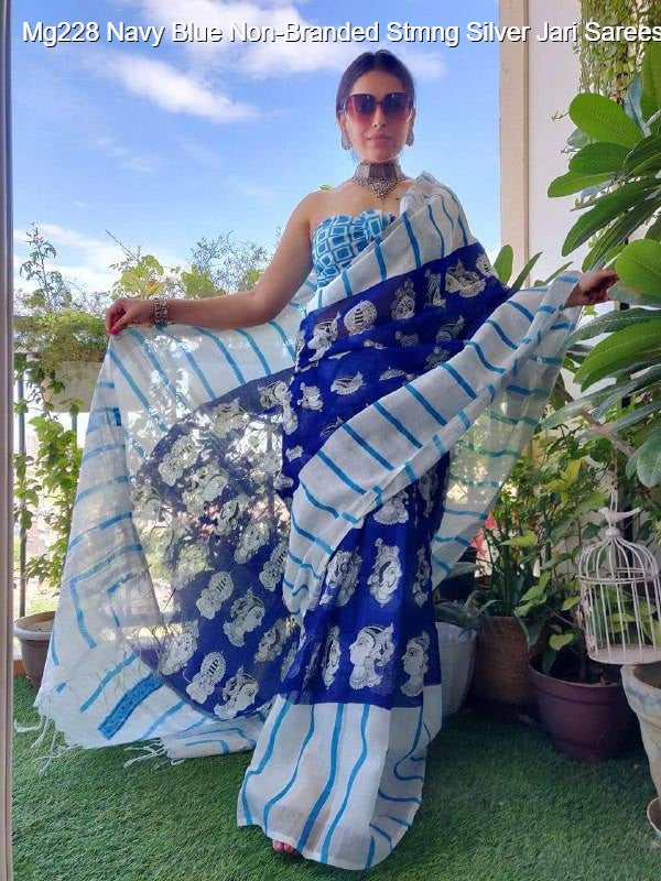 Mg228 Navy Blue Non-Branded Stmng Silver Jari Sarees