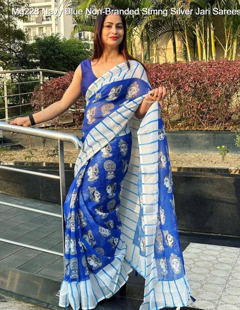 Mg228 Navy Blue Non-Branded Stmng Silver Jari Sarees