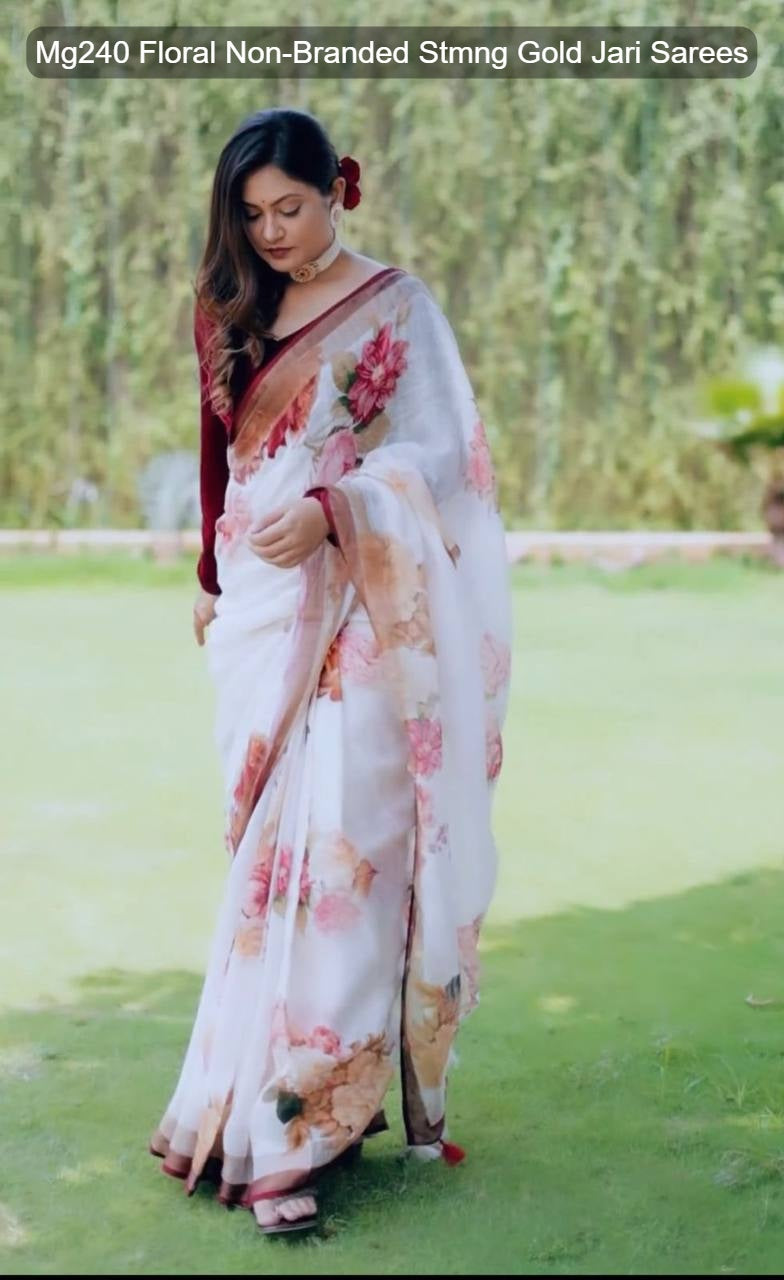 Mg240 Floral Non-Branded Stmng Gold Jari Sarees