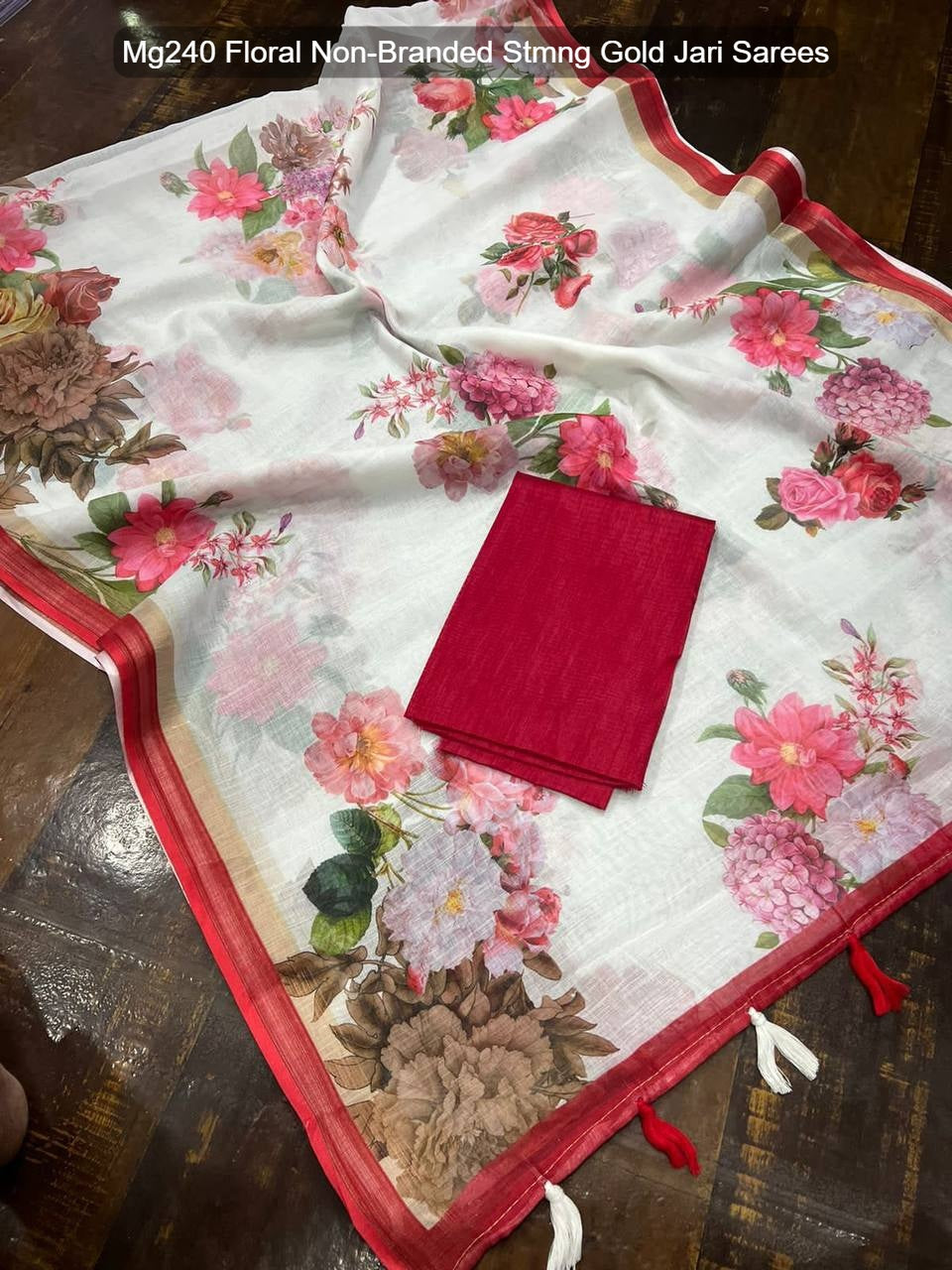 Mg240 Floral Non-Branded Stmng Gold Jari Sarees